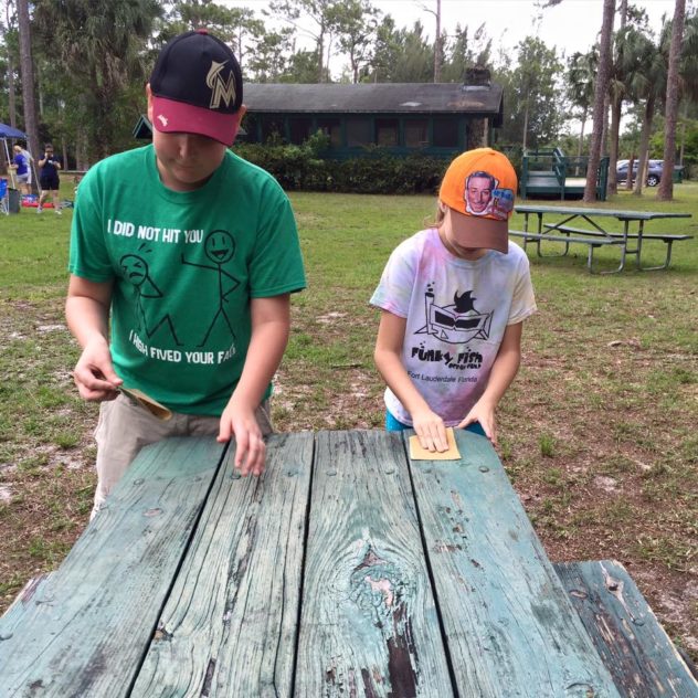 Sanding the Tables, Troop 10434 Bronze Award Work. My Boy Scout was there volunteering too!
